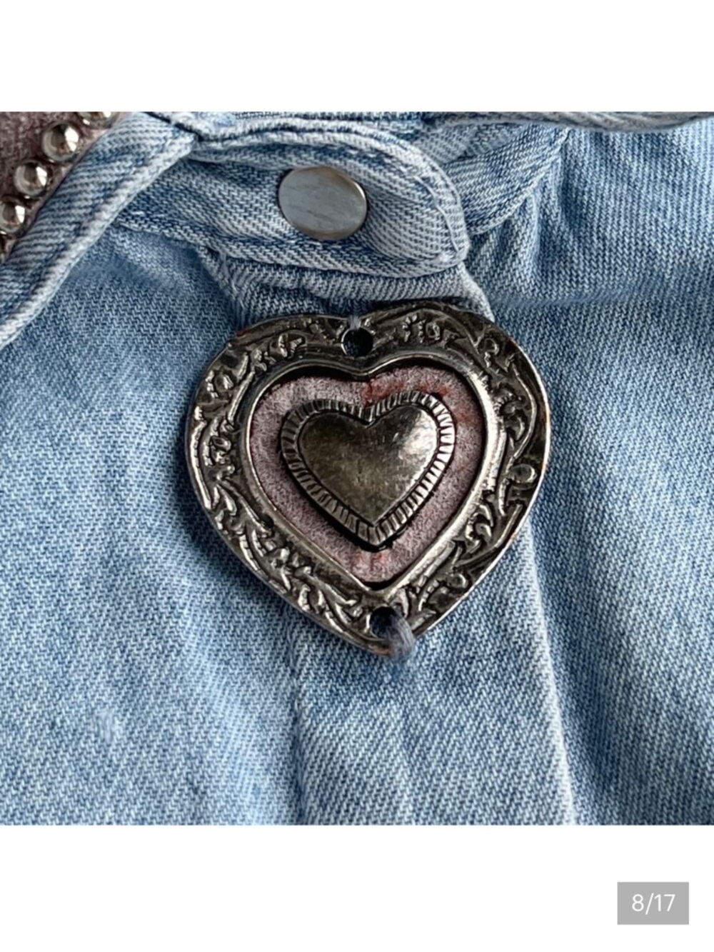 Cache vintage 90s metal heart adorned studded denim top jean blouse sleeveless M - Picture 7 of 7
